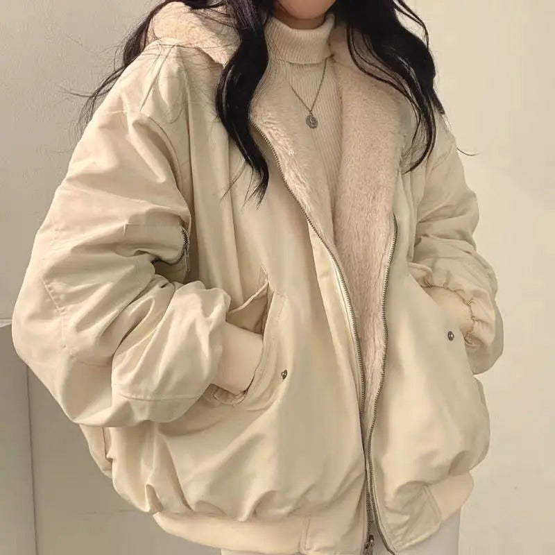 Women’s Faux-Fur-Lined Hooded Bomber Jacket – Oversized Korean-Style Winter Layer with Zip Front and Ribbed Trim