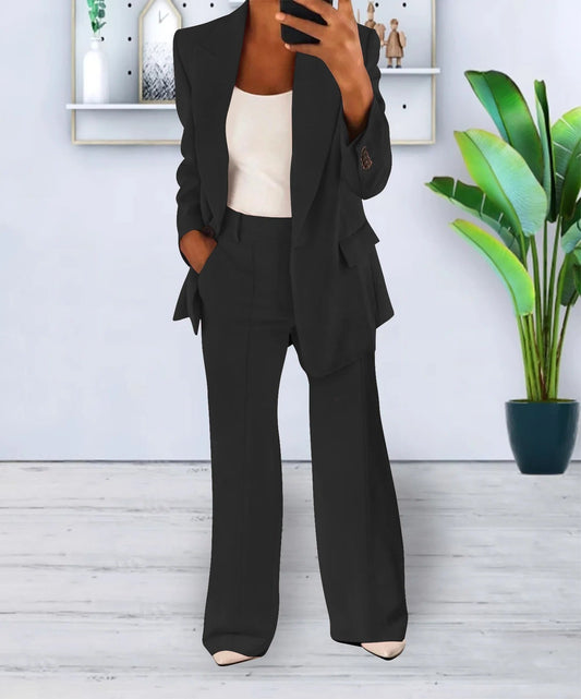 Women’s Two-Piece Set – Lapel-Collar Top with Wide-Leg Trousers