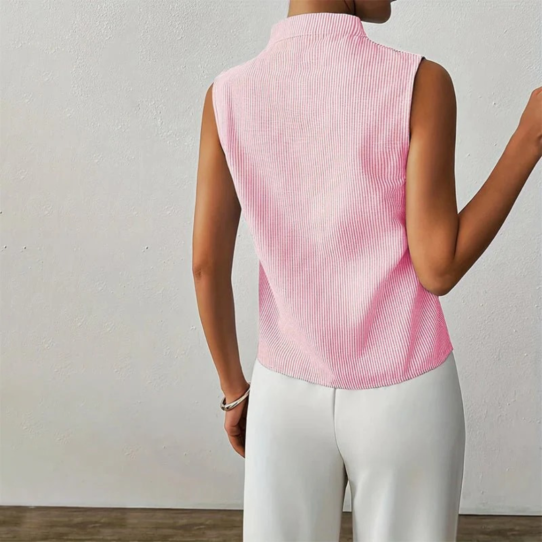 Women’s Stand-Collar Blouse – Sleeveless Striped Summer Top for Office and Everyday Wear