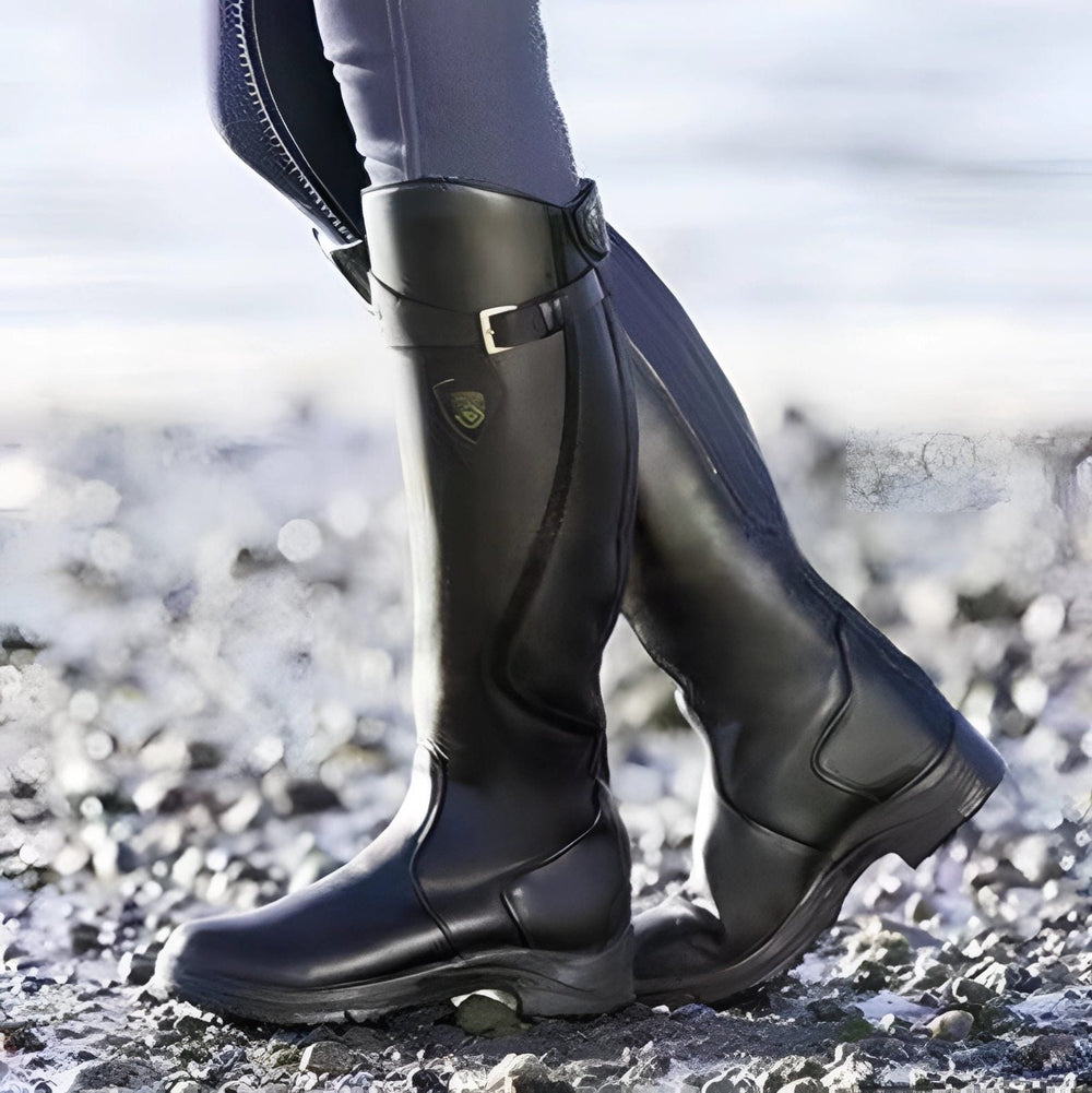Women’s Waterproof Knee-High Riding Boots – Adjustable Buckle Boots with Lug Sole for Wet-Weather Wear