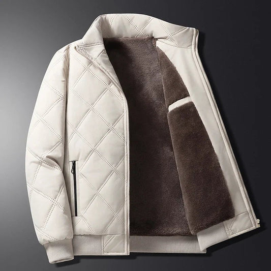 Men’s Diamond-Quilted Winter Jacket – Fleece-Lined Zip-Up Coat with Stand Collar and Secure Pockets for Everyday Wear