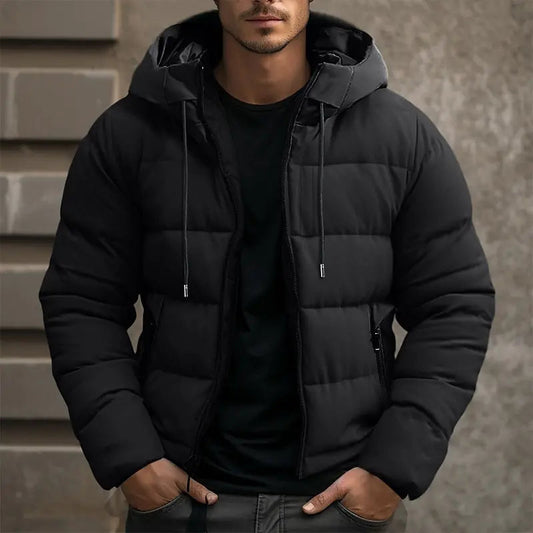 Men’s Hooded Puffer Winter Jacket – Regular-Fit Insulated Zip-Up Coat with Drawstring Hood and Secure Pockets for Outdoor Wear