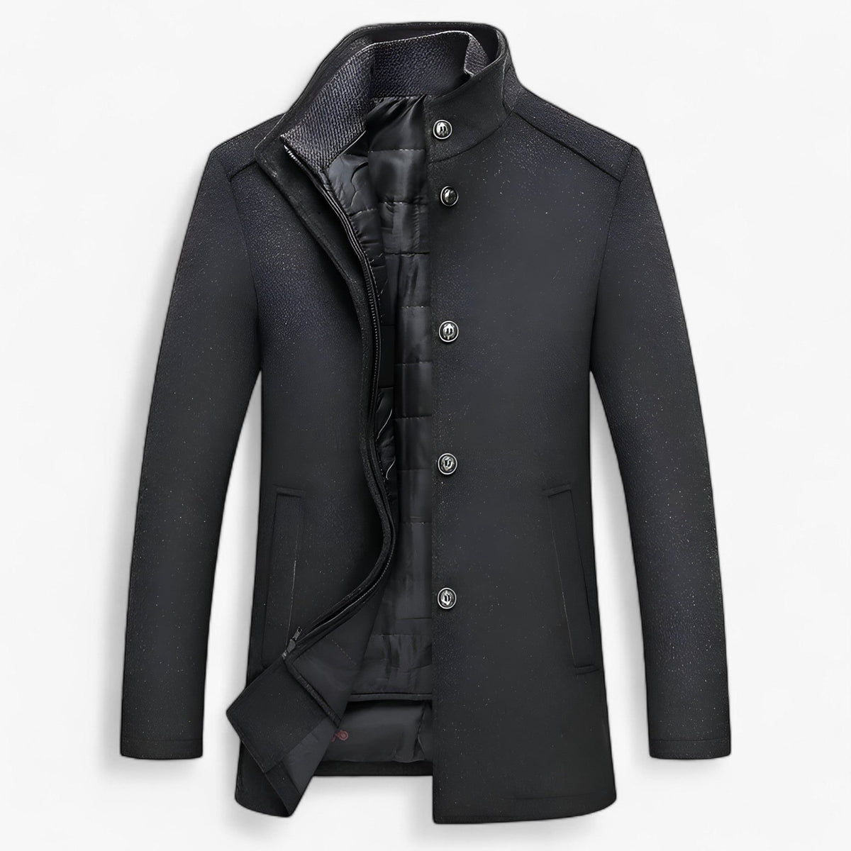 Men’s Wool Stand-Collar Coat – Button-Front Winter Overcoat with Padded Inner Layer for Formal and Smart Casual Wear