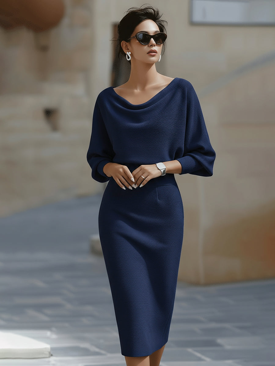 Women’s Bodycon Midi Dress – Draped Neckline Batwing Sleeve Style for Elegant Events