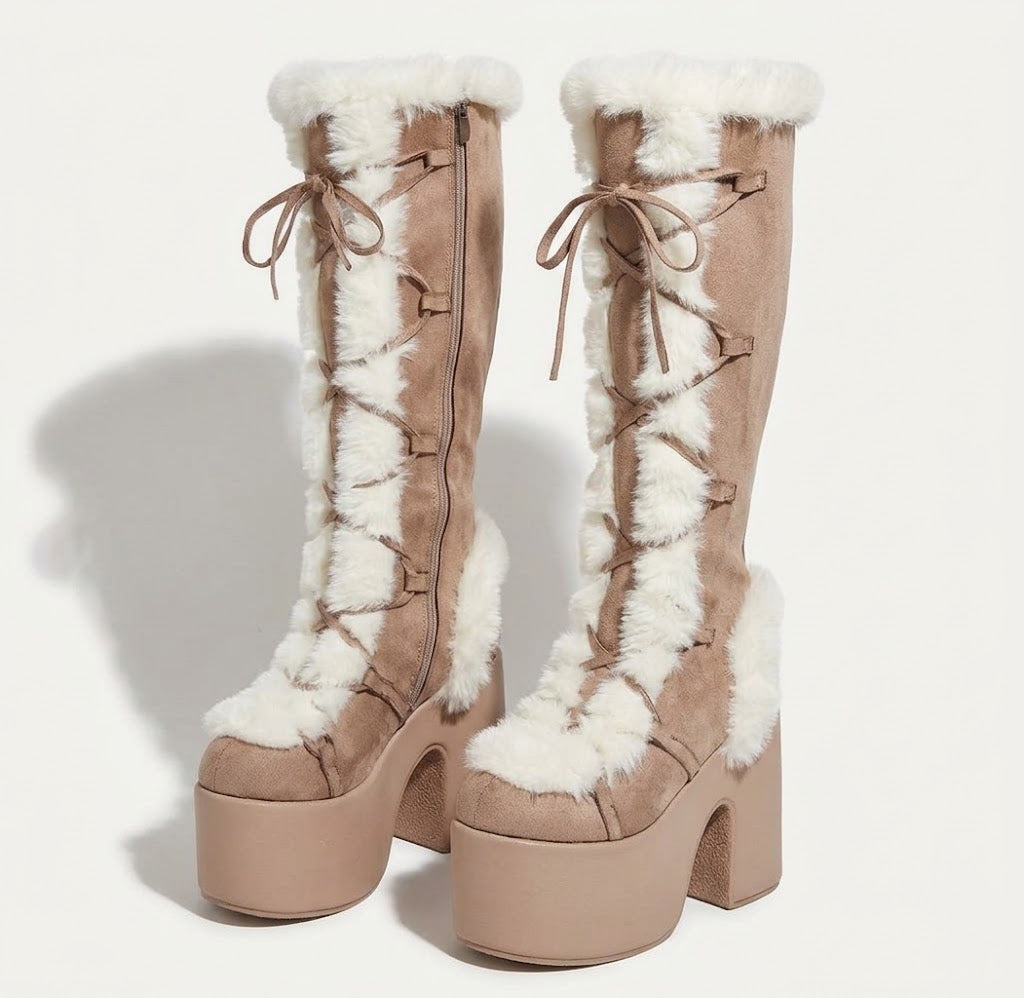 Women’s Suede Platform Knee-High Snow Boots – Plush-Lined Lace-Up Block-Heel Winter Boots