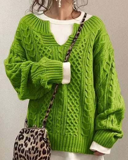 Women’s Oversized Jumper – Chunky Cable-Knit Jumper with V-Neck