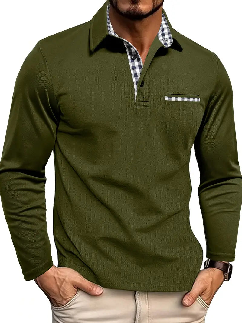 Men’s Long-Sleeve Polo Shirt – Checked Contrast Collar with Piped Chest Pocket