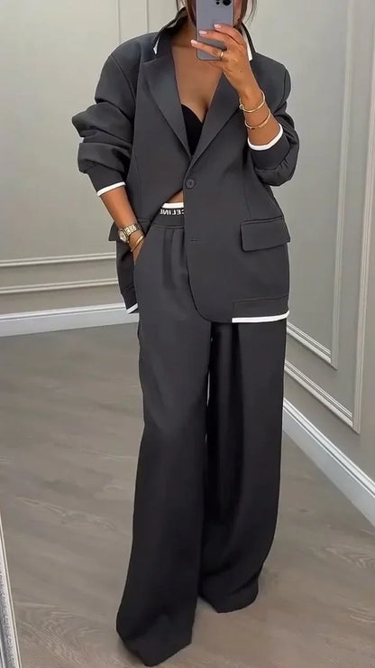 Women’s Oversized Blazer Trouser Set – Relaxed Single-Breasted Jacket with Wide-Leg Tailored Trousers