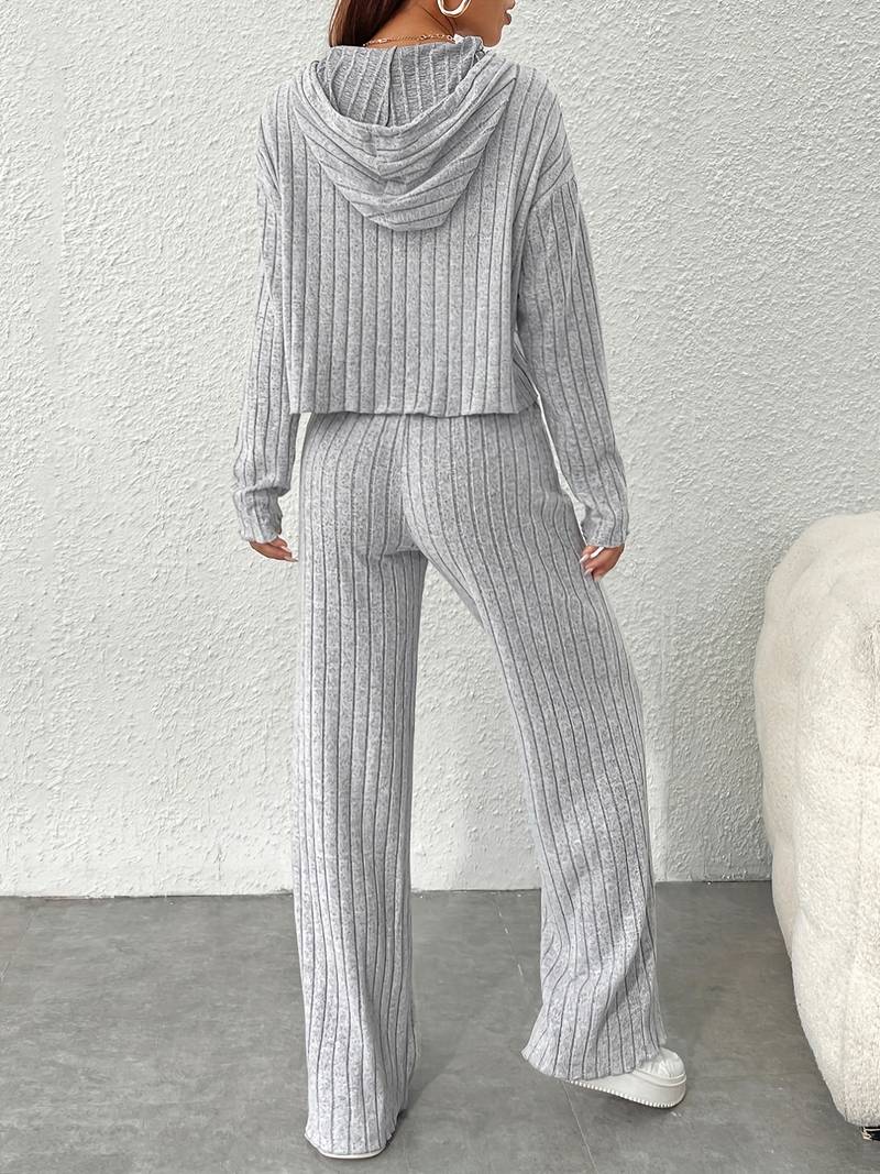 Women’s Ribbed Hooded Co-Ord Set – Relaxed Long-Sleeve Top with Matching Trousers for Casual Everyday Wear