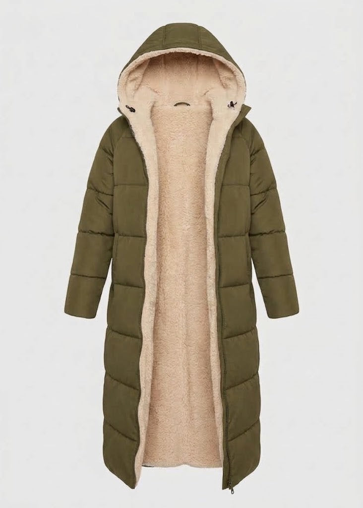 Women’s Sherpa-Lined Long Puffer Coat – Hooded Winter Layer for Cosy Coverage