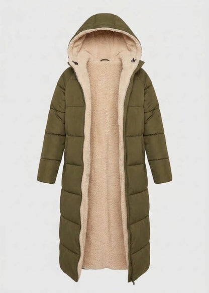 Women’s Sherpa-Lined Long Puffer Coat – Hooded Winter Layer for Cosy Coverage