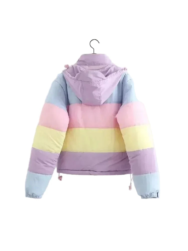 Women’s Pastel Colour-Block Puffer Jacket – Cropped Hooded Winter Layer with High Collar