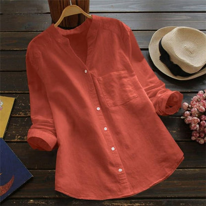 Women’s Linen Collarless Shirt – Breathable Long-Sleeve Layer for Warm Days