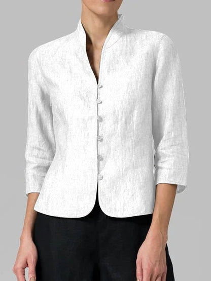 Women’s Stand-Collar Chambray Blouse – Tailored Three-Quarter Sleeve Style for Work and Smart Casual Wear