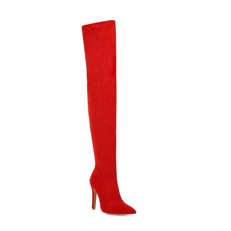 Women's Suede-Look Heeled Pointed-Toe Knee-High Boots