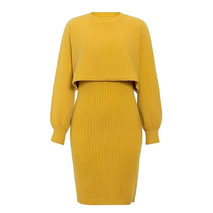 Women’s Lantern-Sleeve Knit Skirt Set – Cropped Crew-Neck Jumper with Ribbed Midi Skirt for Autumn and Winter