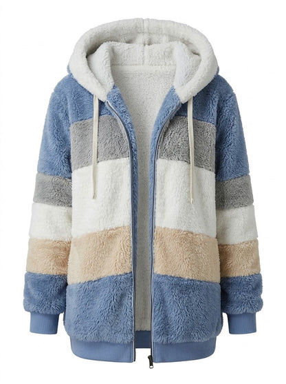 Women’s Colour-Block Teddy Fleece Hooded Jacket – Warm Zip-Up Layer for Winter
