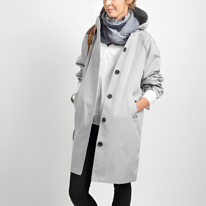 Women’s Longline Button-Front Raincoat – Lightweight Waterproof Hooded Jacket with Drawstring Collar for Wet-Weather Wear