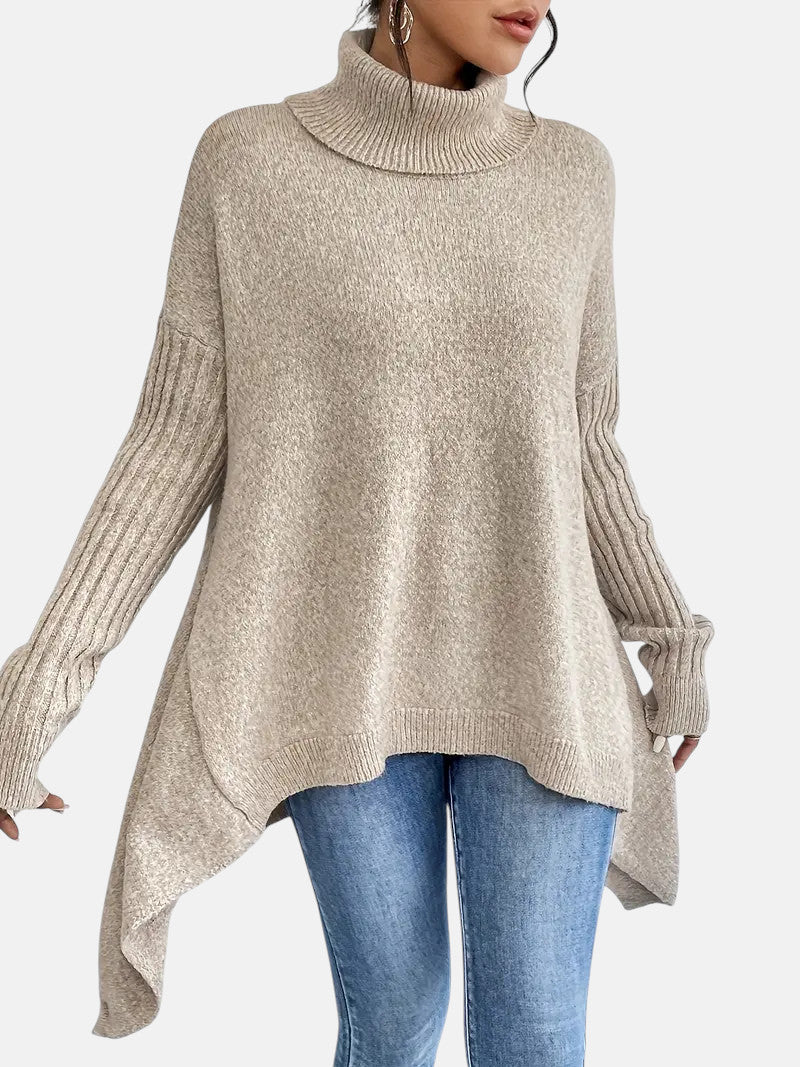 Women’s Oversized Roll-Neck Jumper – Batwing Sleeve Jumper with Dipped Hem