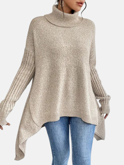 Women’s Oversized Roll-Neck Jumper – Batwing Sleeve Jumper with Dipped Hem