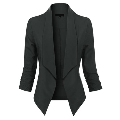 Women’s Open-Front Blazer – Ruched-Sleeve Smart Layer for Office and Occasion Wear