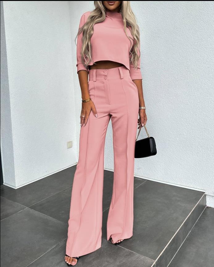 Women’s Cropped Three-Quarter Sleeve Trouser Set – High-Waist Wide-Leg Tailored Co-Ord for Smart Casual Wear