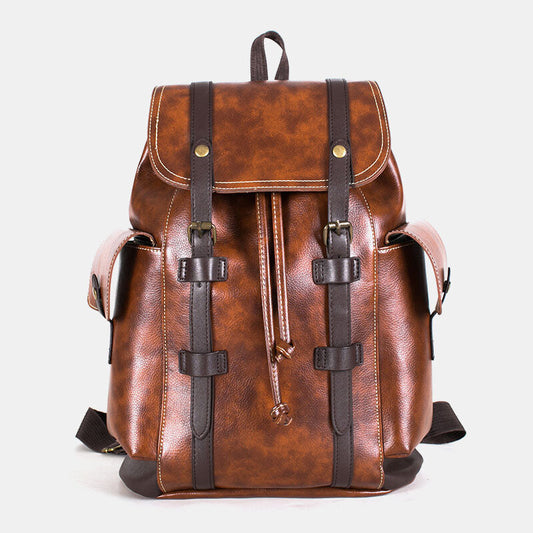 Unisex Vintage Faux-Leather Backpack – Drawstring Travel Bag with Flap Straps and Side Pockets