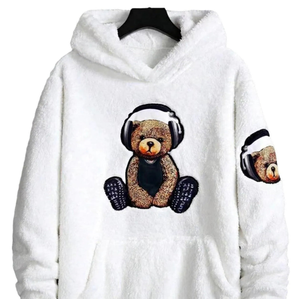 Men’s Teddy Fleece Hoodie – Plush Bear Print Pullover for Casual Winter Wear