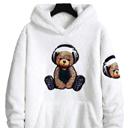 Men’s Teddy Fleece Hoodie – Plush Bear Print Pullover for Casual Winter Wear