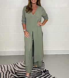 Women’s Longline V-Neck Trouser Set – Split-Hem Tunic Top with Relaxed Wide-Leg Trousers for Smart Casual Wear