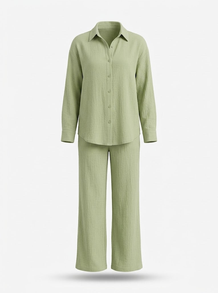 Women’s Cotton Shirt and Trouser Co-Ord Set – Relaxed Button-Up Long-Sleeve Top with Wide-Leg Trousers for Home and Casual Wear