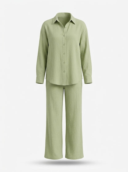 Women’s Cotton Shirt and Trouser Co-Ord Set – Relaxed Button-Up Long-Sleeve Top with Wide-Leg Trousers for Home and Casual Wear
