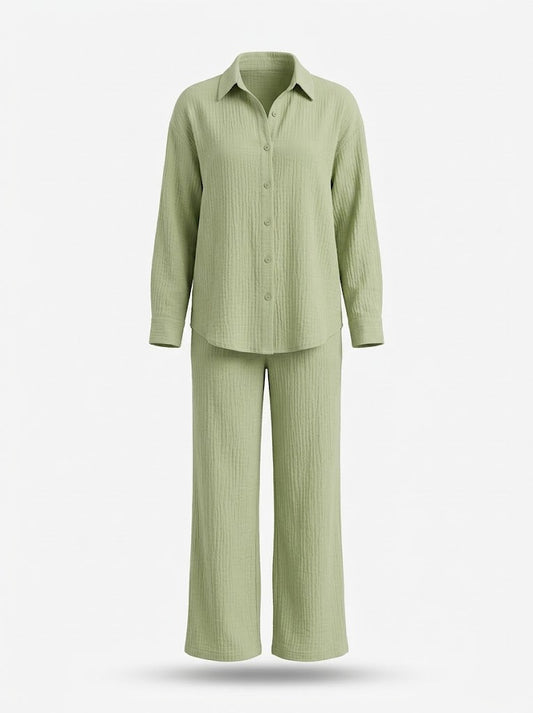 Women’s Cotton Shirt and Trouser Co-Ord Set – Relaxed Button-Up Long-Sleeve Top with Wide-Leg Trousers for Home and Casual Wear