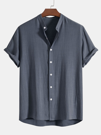 Men’s Linen Blend Summer Co-Ord – Stand Collar Shirt with Straight-Leg Trousers