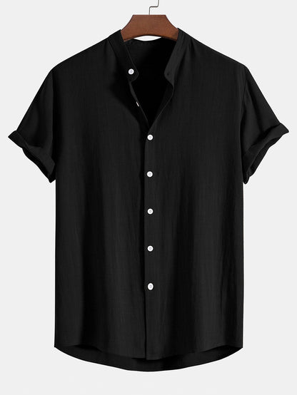 Men’s Linen Blend Summer Co-Ord – Stand Collar Shirt with Straight-Leg Trousers