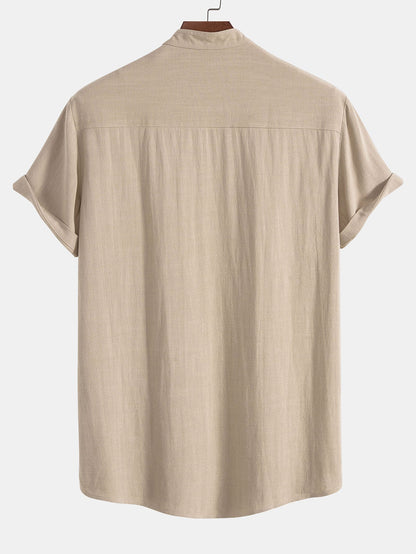 Men’s Linen Blend Summer Co-Ord – Stand Collar Shirt with Straight-Leg Trousers