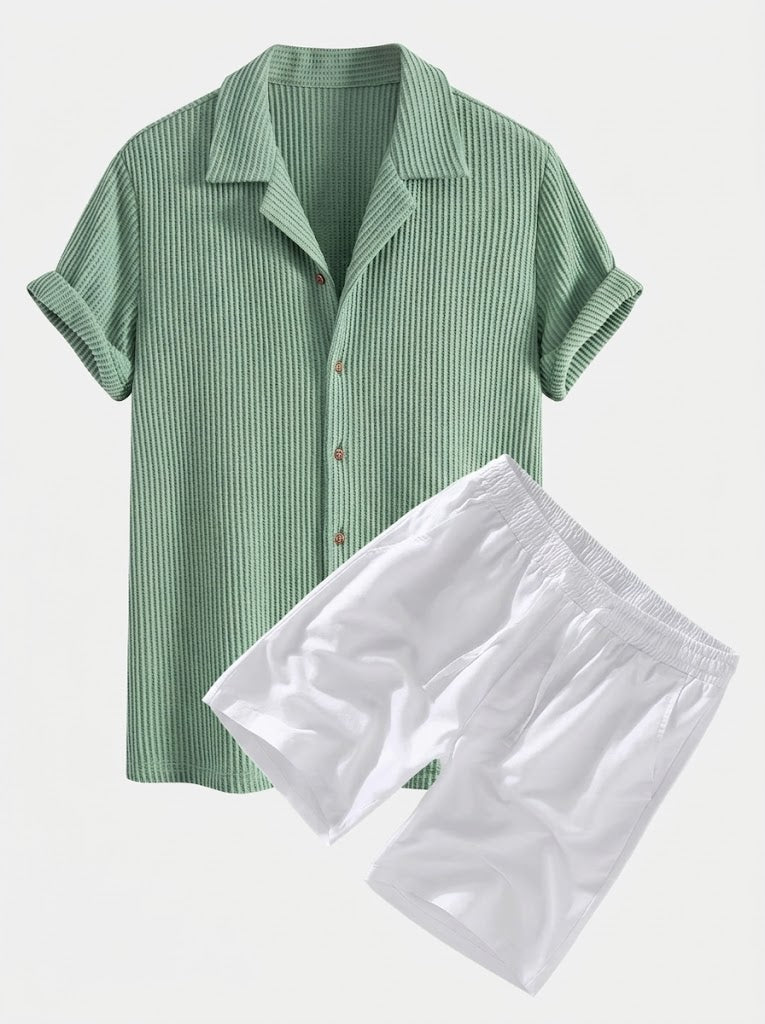 Men’s Textured Waffle Resort Set – Button Shirt with Linen Cotton Drawstring Shorts