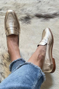 Women’s Gold Loafers – Penny Strap Slip-On Flats