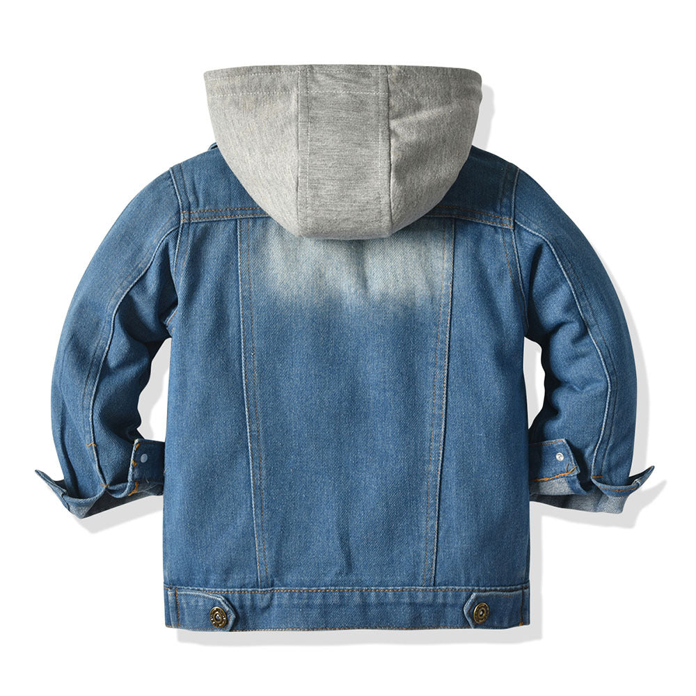 Men’s Layered Hooded Denim Jacket – Button-Front Trucker Design with Zip-Up Inner Layer and Chest Pockets
