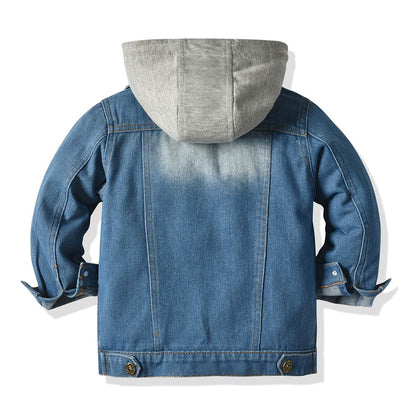 Men’s Layered Hooded Denim Jacket – Button-Front Trucker Design with Zip-Up Inner Layer and Chest Pockets