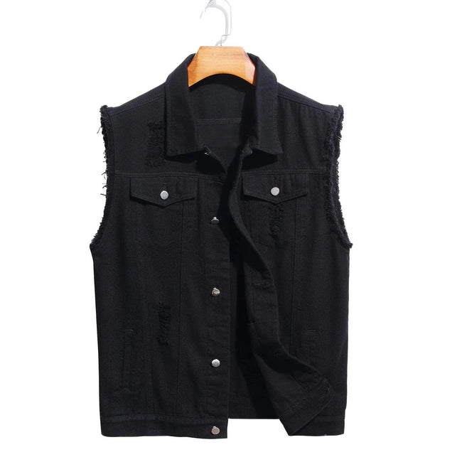 Men’s Distressed Cotton Denim Vest – Button-Front Sleeveless Trucker Layer with Chest Pockets