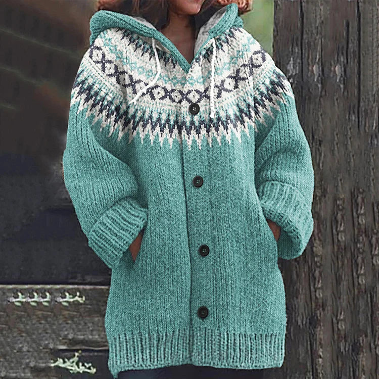 Women’s Hooded Cardigan – Nordic Fair Isle Knit with Patch Pockets