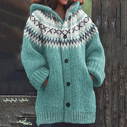 Women’s Hooded Cardigan – Nordic Fair Isle Knit with Patch Pockets