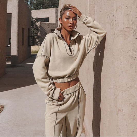 Women’s Cropped Half-Zip Sweatshirt and Wide-Leg Jogger Set – Relaxed Casual Tracksuit