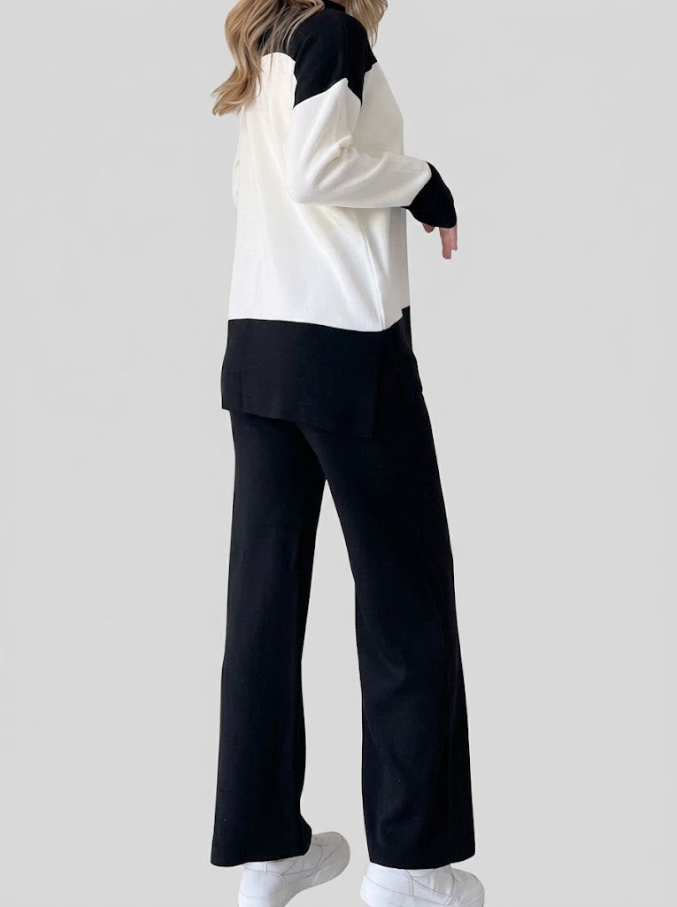 Women’s Colour-Block Knit Co-Ord Set – High-Neck Long-Sleeve Top with Wide-Leg Trousers for Casual Wear
