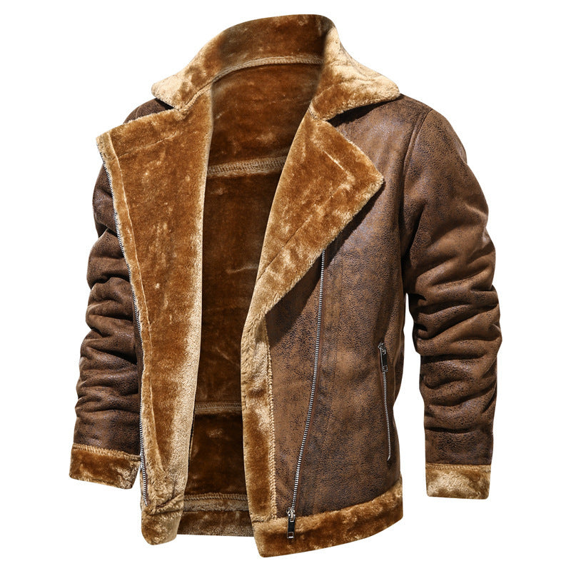 Men’s Plush-Lined Leather Biker Jacket – Warm Asymmetric Layer for Winter Wear