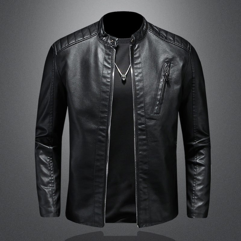 Men’s Minimal Leather Biker Jacket – Band-Collar Zip Layer for Everyday Wear