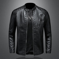 Men’s Minimal Leather Biker Jacket – Band-Collar Zip Layer for Everyday Wear
