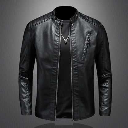 Men’s Minimal Leather Biker Jacket – Band-Collar Zip Layer for Everyday Wear