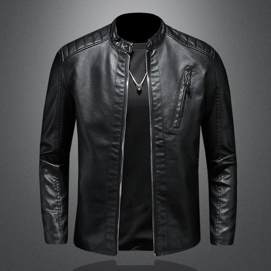 Men’s Minimal Leather Biker Jacket – Band-Collar Zip Layer for Everyday Wear